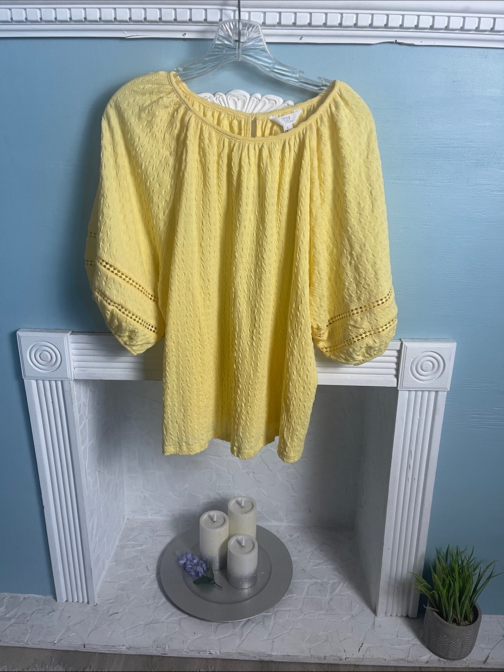 Time and Tru Butter Yellow Textured Peasant Top NWT